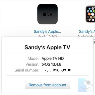 Серийный номер Apple TV на веб сайте Apple ID