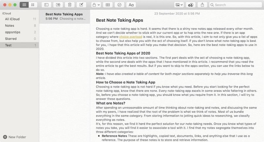 Текстовая заметка Apple Notes