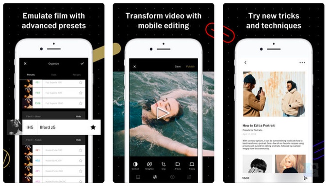 Скриншоты VSCO фоторедактора и приложения камеры для iOS