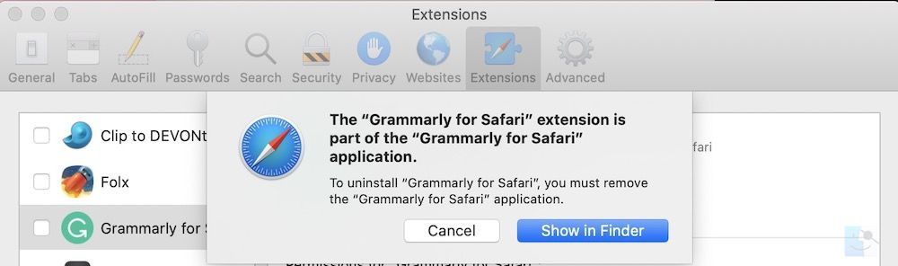 Теперь возможно одно из двух Во первых расширение может быть предоставлено приложением на вашем Mac которое вы используете Safari попросит вас удалить приложение как показано на скриншоте ниже
