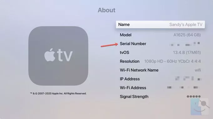 Серийный номер Apple TV в разделе О программе настроек